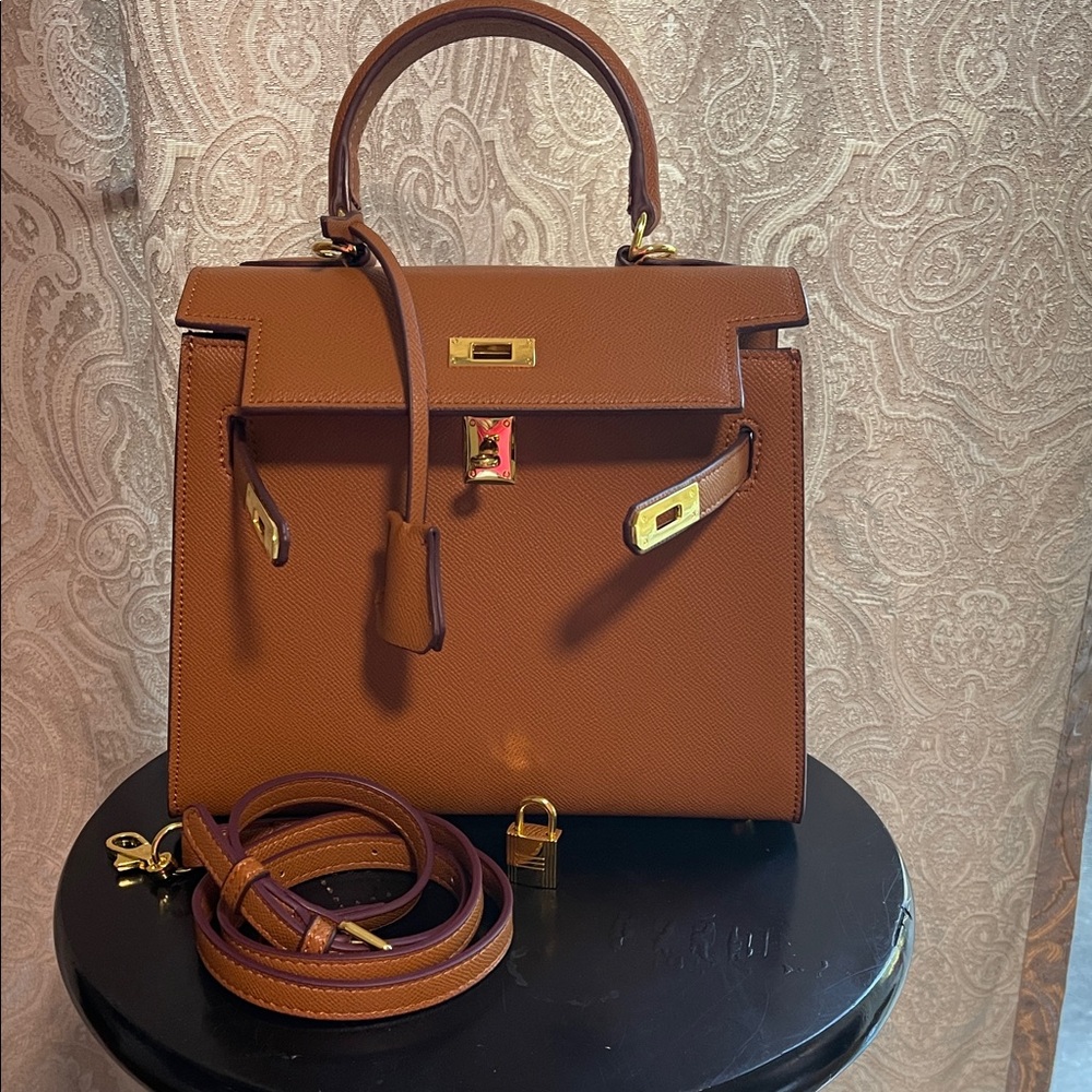 Women’s Tan Leather Satchel Handbag with Gold Hardware